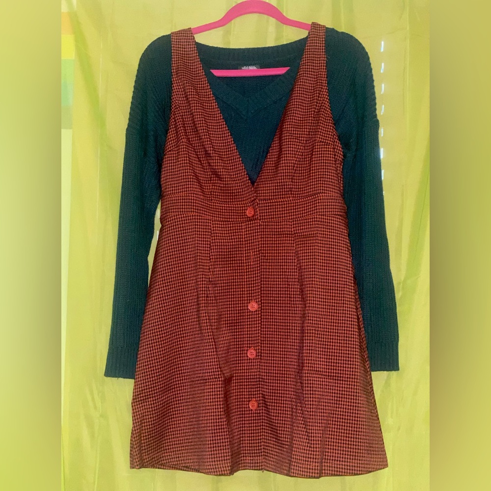 Warm tones romper and sweater duo. Dark academia plaid wild fable